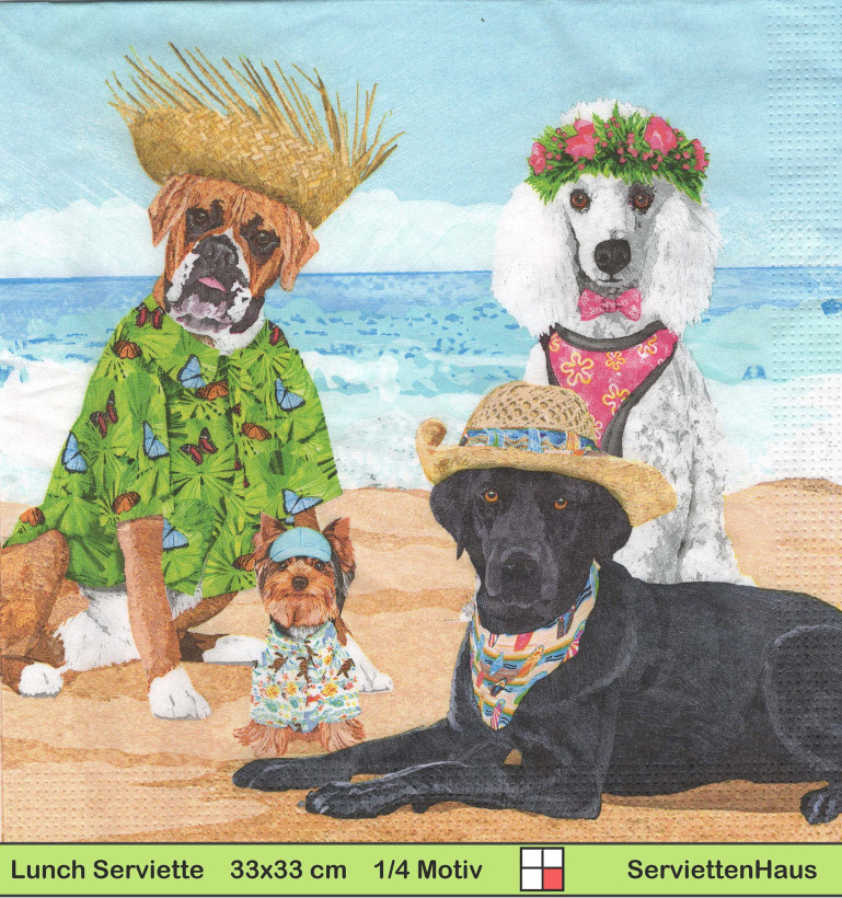 Hunde machen Urlaub am Strand mit Sonnenhut - 1 Paket mit 20 Servietten